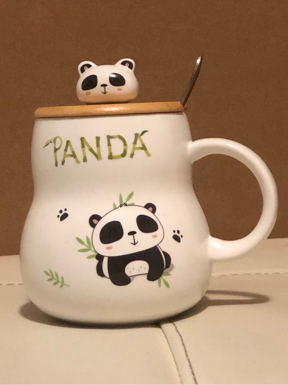 Cute Panda Ceramic Mug with Lid and Spoon - White & Black